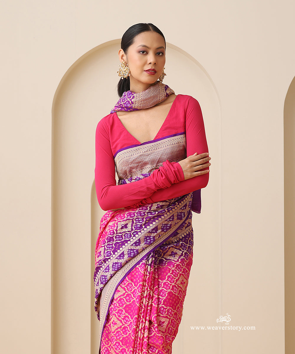 Purple_And_Pink_Shaded_Handloom_Pure_Georgette_Banarasi_Bandhej_Saree_WeaverStory_03