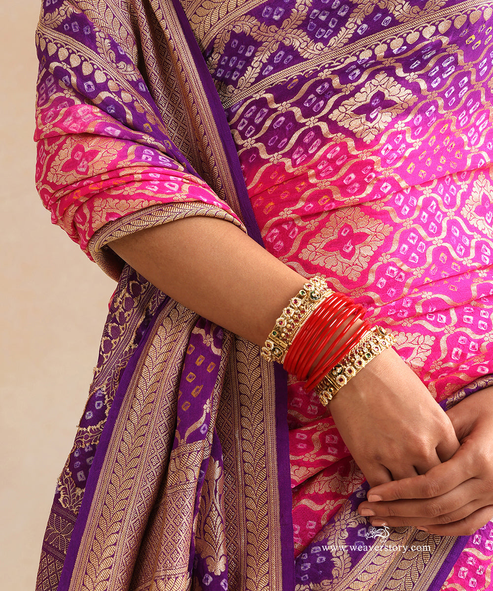 Purple_And_Pink_Shaded_Handloom_Pure_Georgette_Banarasi_Bandhej_Saree_WeaverStory_05