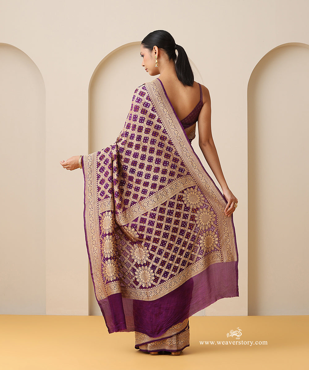 Purple_Handloom_Pure_Georgette_Banarasi_Bandhej_Saree_WeaverStory_03