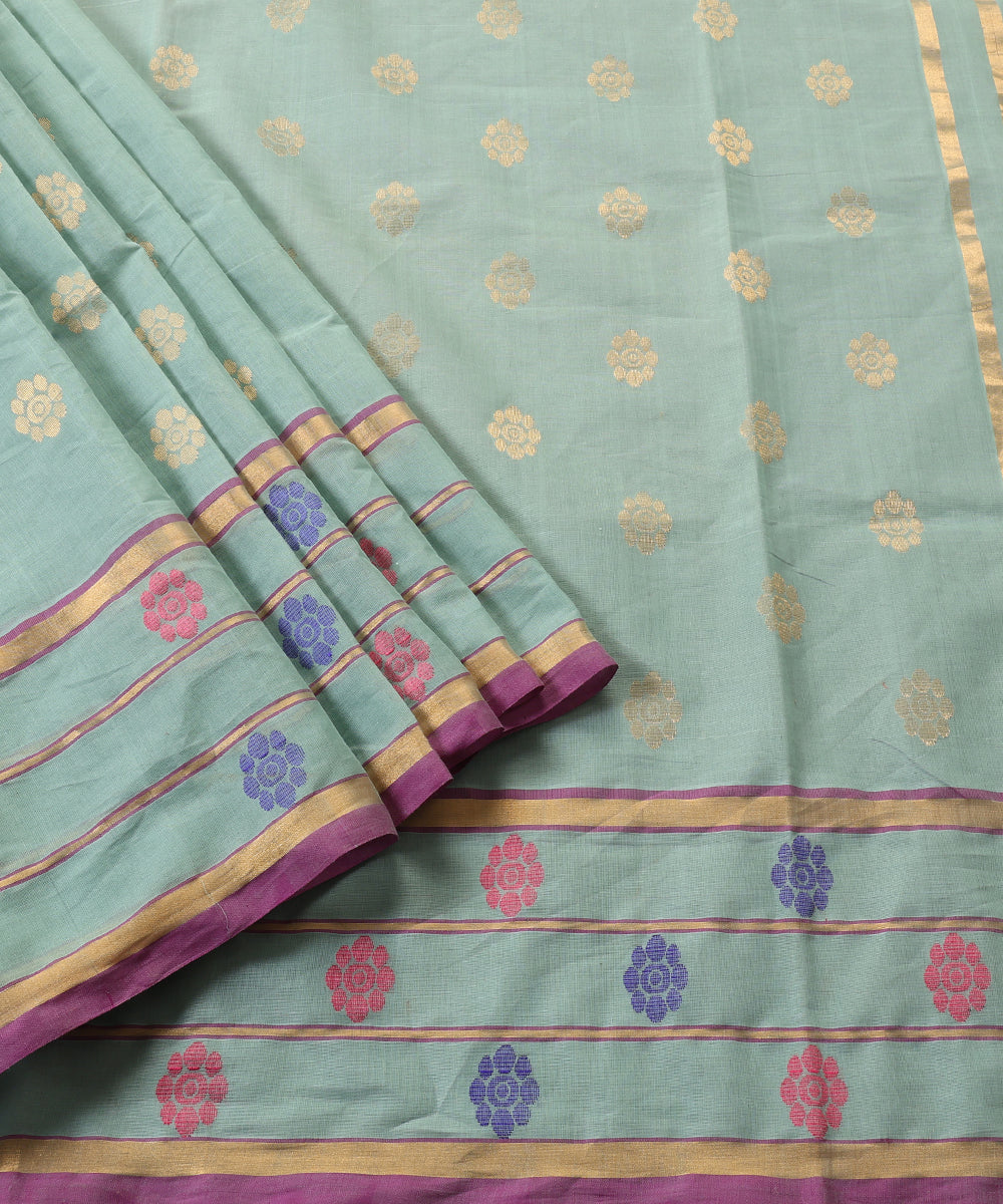 Ice_Blue_Handloom_Pure_Cotton_Venkatagiri_Saree_With_Gold_Floral_Bootas_And_Thin_Zari_Border_WeaverStory_01