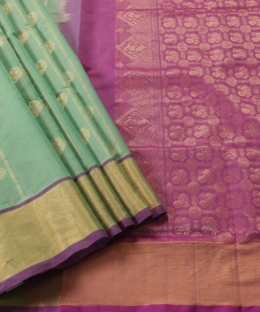 Pista_Handloom_Green_Pure_Cotton_Venkatagiri_Saree_With_Gold_Flowers_And_Zari_Border_WeaverStory_01