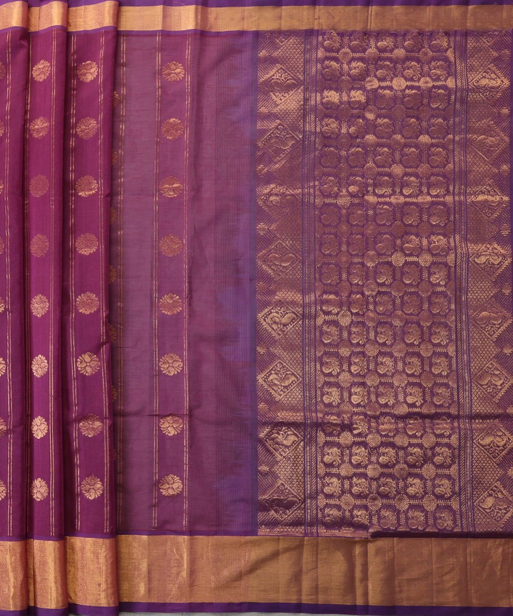 Purple_Handloom_Pure_Cotton_Venkatagiri_Saree_With_Gold_Floral_Bootas_And_Zari_Border_WeaverStory_02