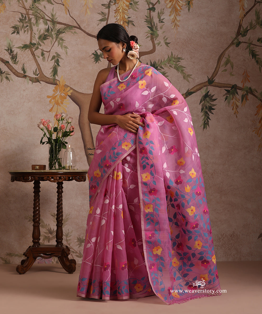 Pink_Handloom_Pure_Muslin_Dhakai_Jamdani_Saree_With_Allover_Floral_Jaal_WeaverStory_01