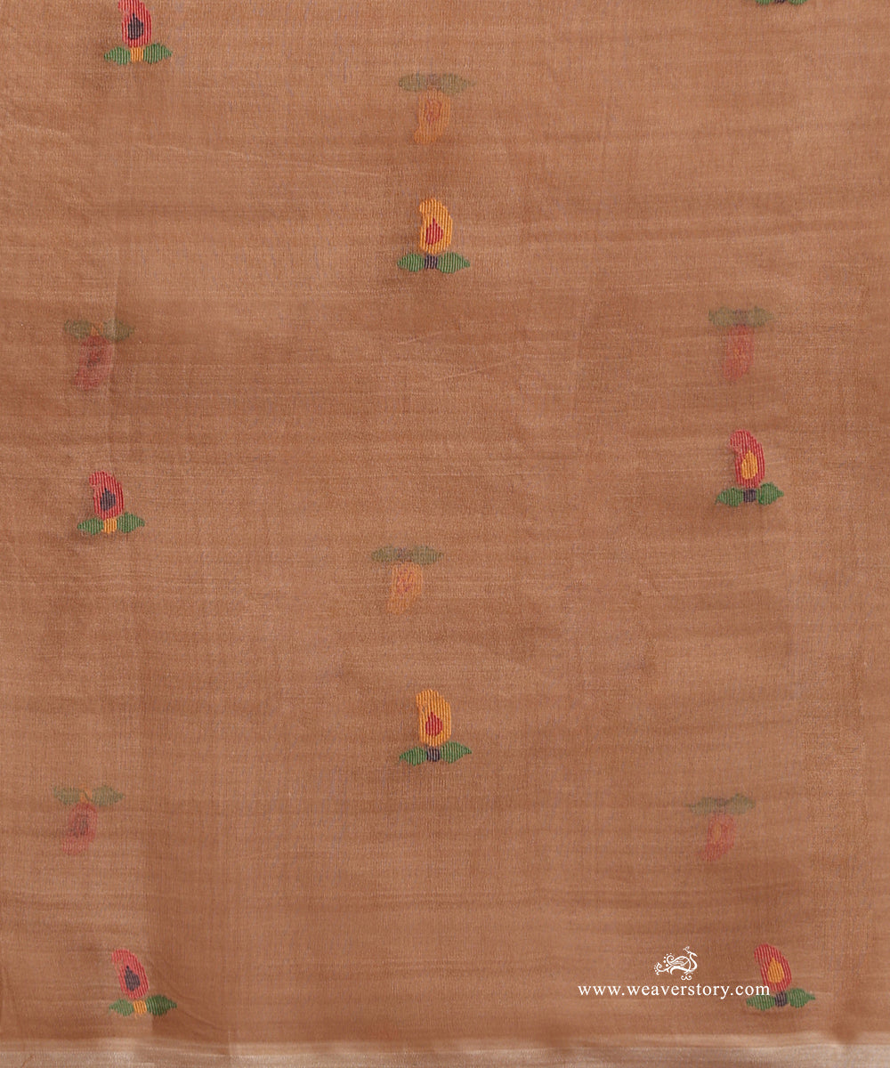 Light Brown Handloom Pure Muslin Dhakai Jamdani Saree With Lord Radha Kishana On Pallu