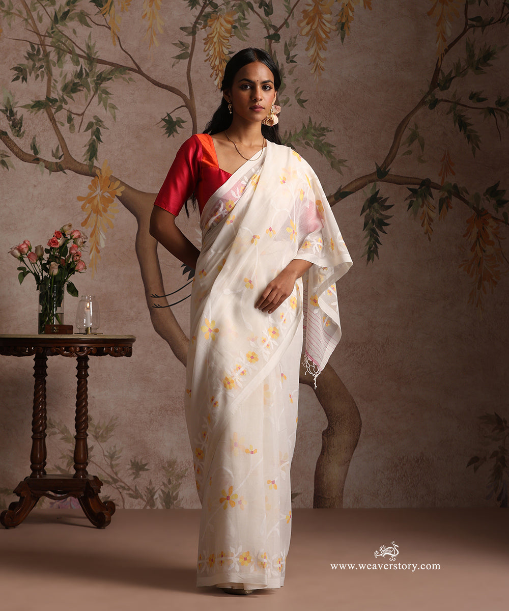 White_Handloom_Pure_Khadi_Dhakai_Jamdani_Saree_With_Allover_Meena_Jaal_WeaverStory_01
