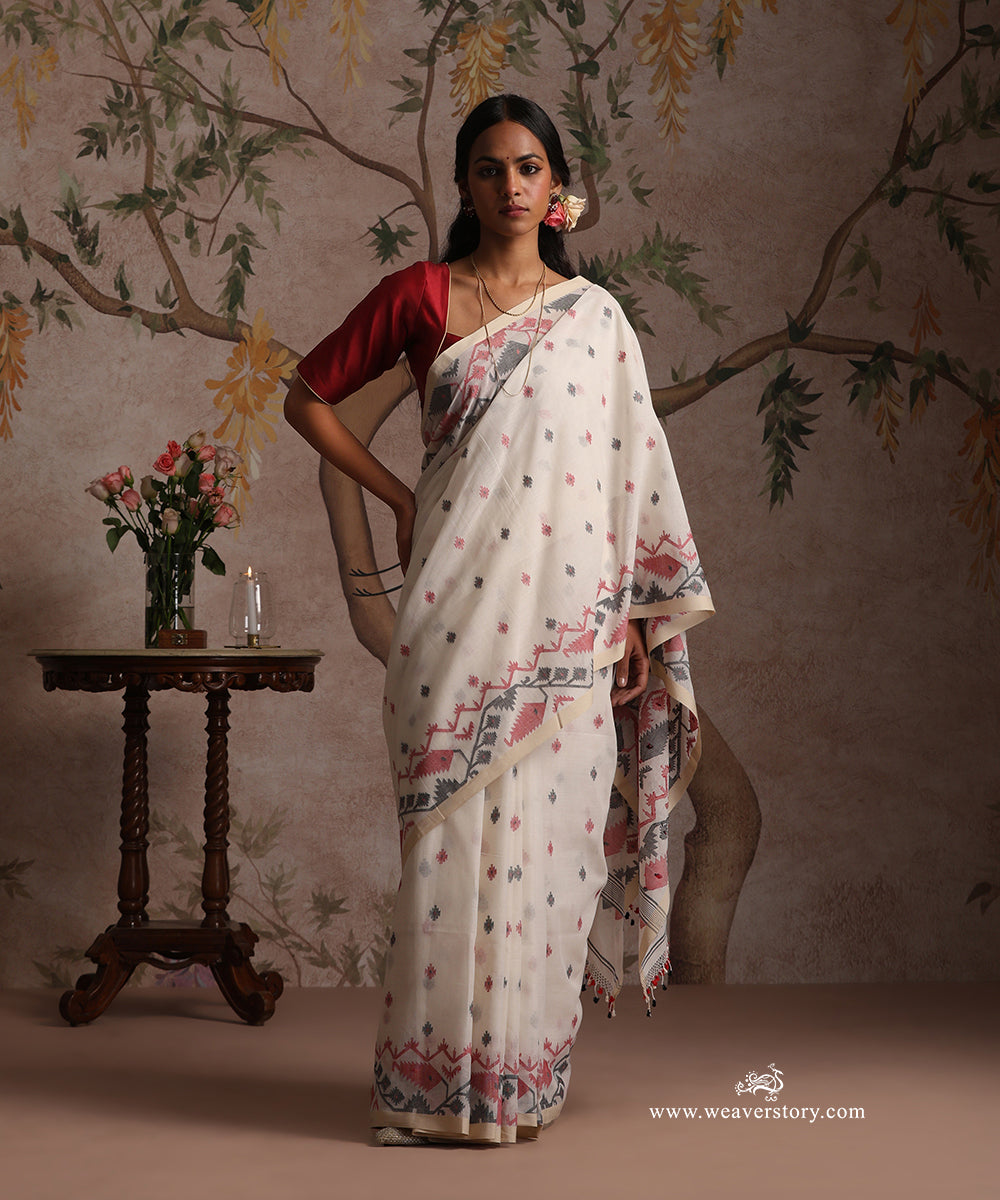 White_Handloom_Pure_Khadi_Dhakai_Jamdani_Saree_With_Allover_Red_And_Black_Booti_WeaverStory_01