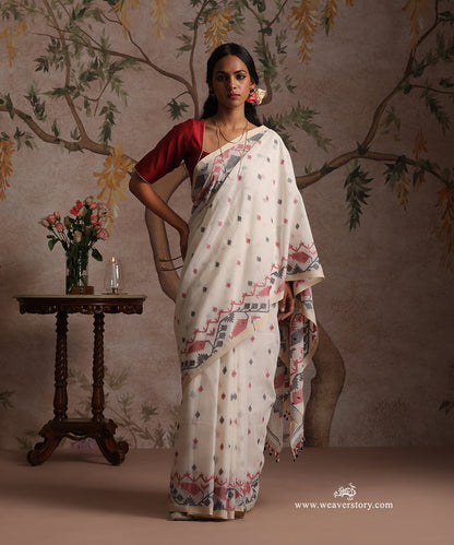 White_Handloom_Pure_Khadi_Dhakai_Jamdani_Saree_With_Allover_Red_And_Black_Booti_WeaverStory_01