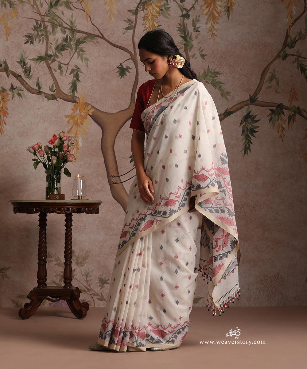 White_Handloom_Pure_Khadi_Dhakai_Jamdani_Saree_With_Allover_Red_And_Black_Booti_WeaverStory_02