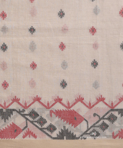 White_Handloom_Pure_Khadi_Dhakai_Jamdani_Saree_With_Allover_Red_And_Black_Booti_WeaverStory_06