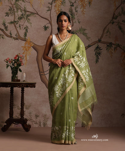 Hena_Green_Handloom_Pure_Linen_Dhakai_Jamdani_Saree_With_Allover_Jaal_WeaverStory_01