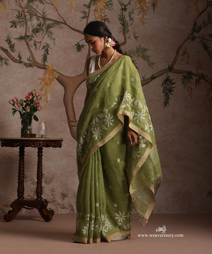 Hena_Green_Handloom_Pure_Linen_Dhakai_Jamdani_Saree_With_Allover_Jaal_WeaverStory_02