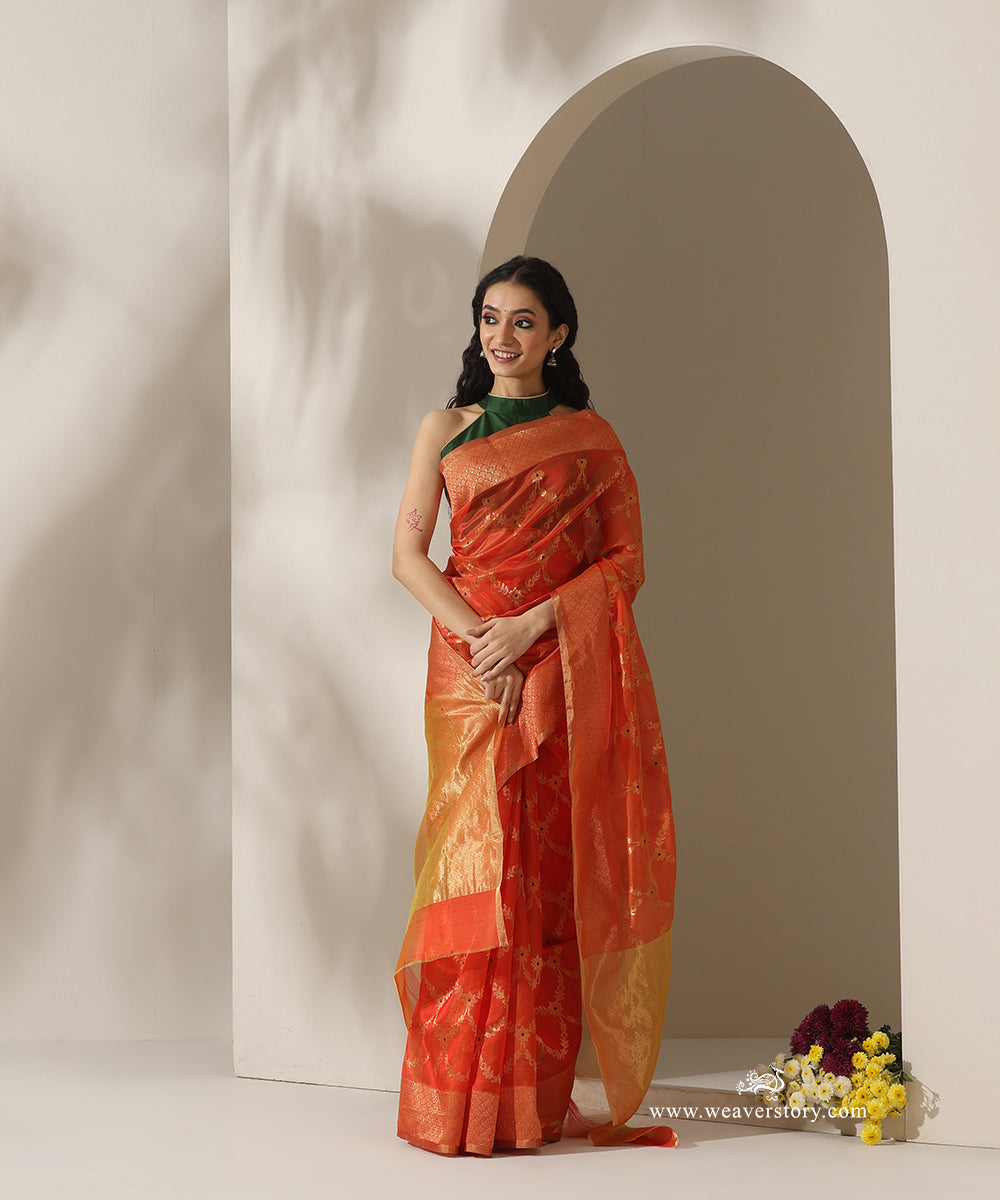 Orange_Handloom_Pure_Silk_Chanderi_Donaliya_Saree_With_Allover_Jaal_And_Purple_Meeena_WeaverStory_01