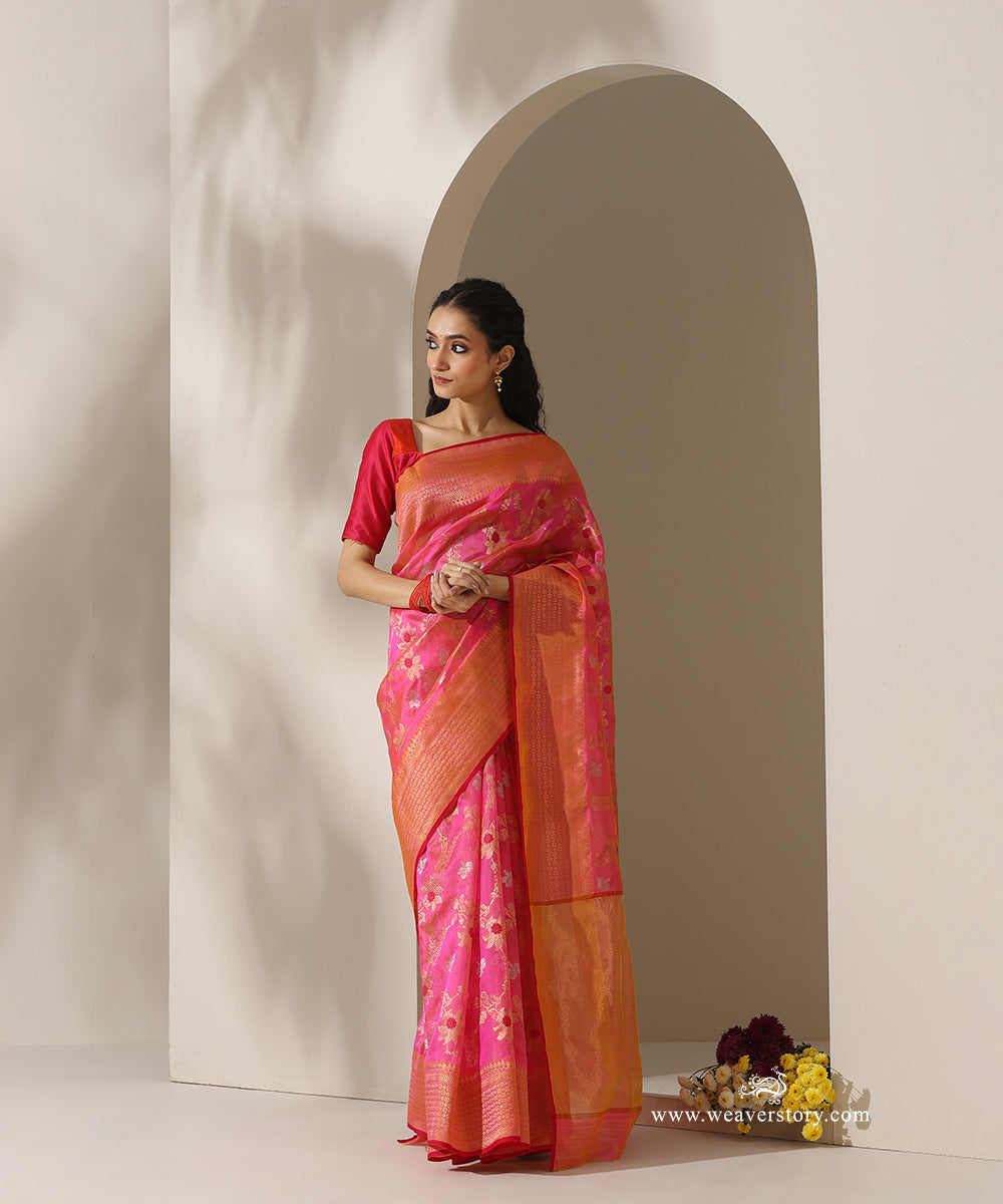 Pink_Handloom_Pure_Silk_Chanderi_Donaliya_Saree_With_Allover_Floral_Jaal_In_Gold_Silver_WeaverStory_01