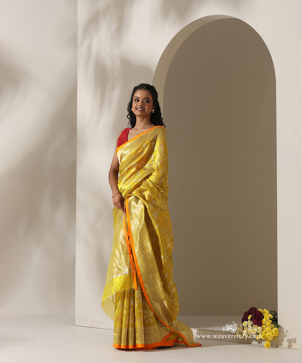 Olive_Handloom_Pure_Silk_Chanderi_Donaliya_Saree_With_Allover_Jaal_And_Birds_Motif_WeaverStory_01