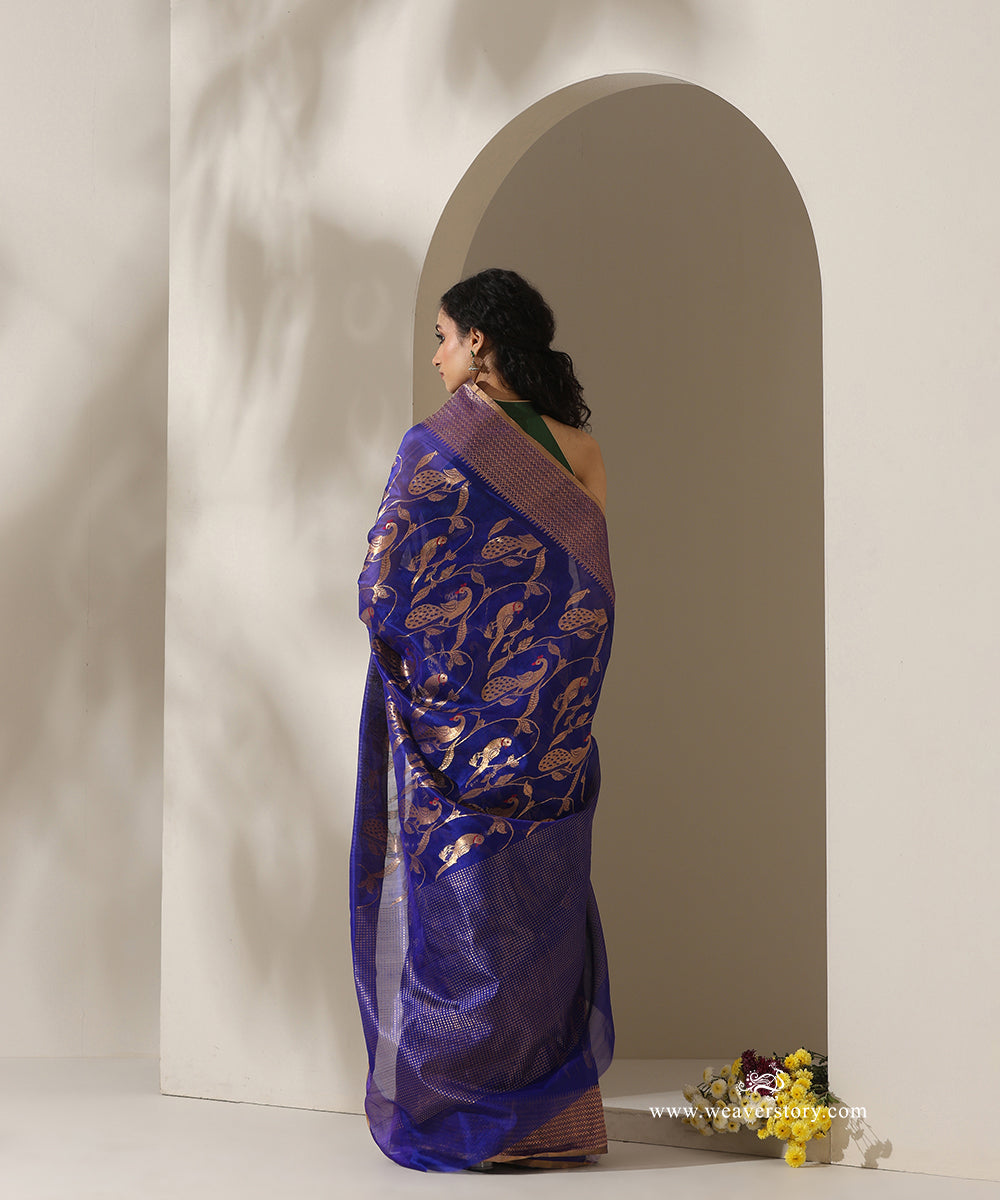 Blue_Handloom_Pure_Silk_Chanderi_Donaliya_Saree_With_Allover_Peocock_And_Parrot_Jaal_WeaverStory_03