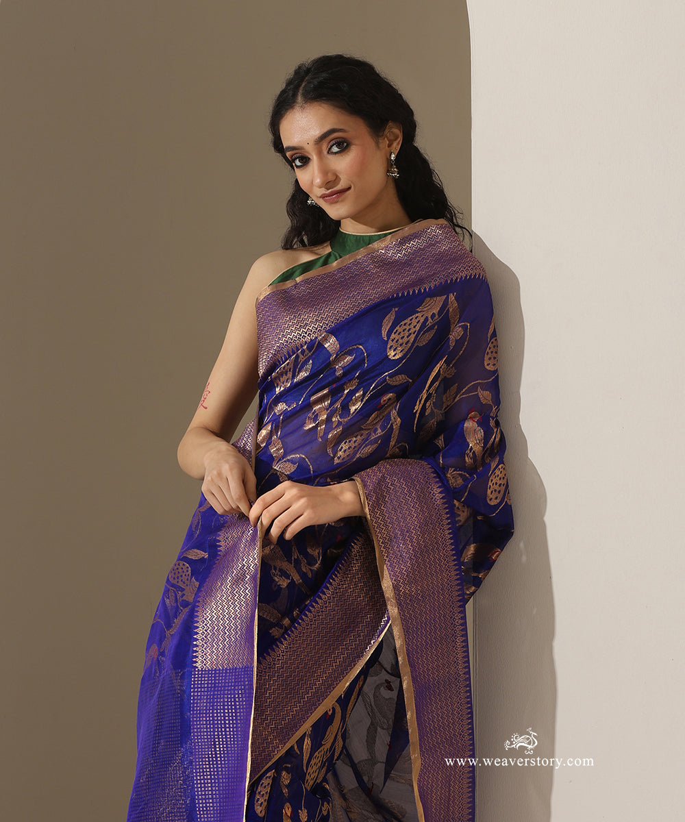 Blue_Handloom_Pure_Silk_Chanderi_Donaliya_Saree_With_Allover_Peocock_And_Parrot_Jaal_WeaverStory_02