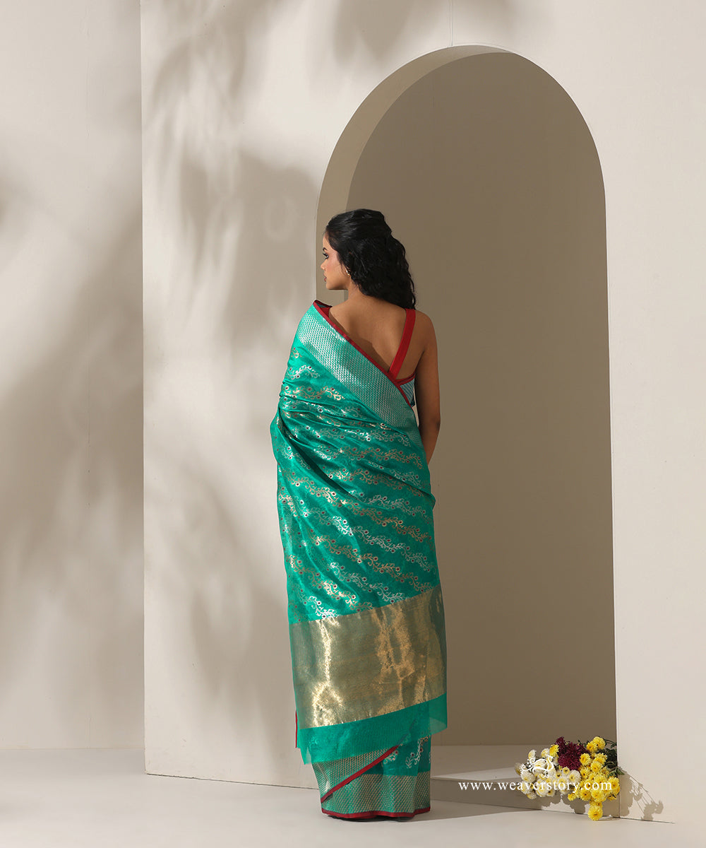 Turquoise_Handloom_Pure_Silk_Chanderi_Donaliya_Saree_With_Allover_Aadi_Floral_Jaal_And_Red_Meena_WeaverStory_03
