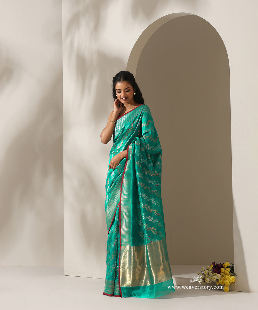 Turquoise_Handloom_Pure_Silk_Chanderi_Donaliya_Saree_With_Allover_Aadi_Floral_Jaal_And_Red_Meena_WeaverStory_01