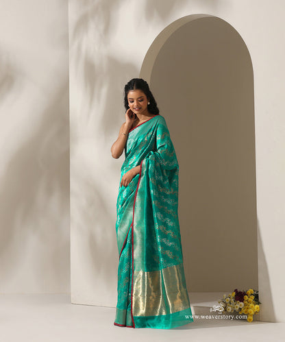 Turquoise_Handloom_Pure_Silk_Chanderi_Donaliya_Saree_With_Allover_Aadi_Floral_Jaal_And_Red_Meena_WeaverStory_01