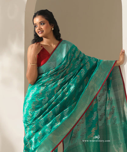 Turquoise_Handloom_Pure_Silk_Chanderi_Donaliya_Saree_With_Allover_Aadi_Floral_Jaal_And_Red_Meena_WeaverStory_02