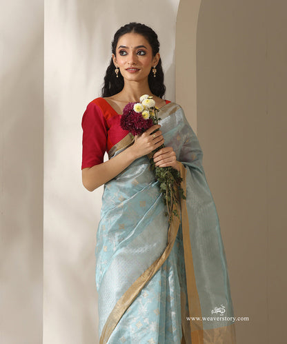 Ice_Blue_Handloom_Pure_Silk_Chanderi_Donaliya_Saree_With_Allover_Jaal_And_Heavy_Golden-Silver_Border_WeaverStory_02