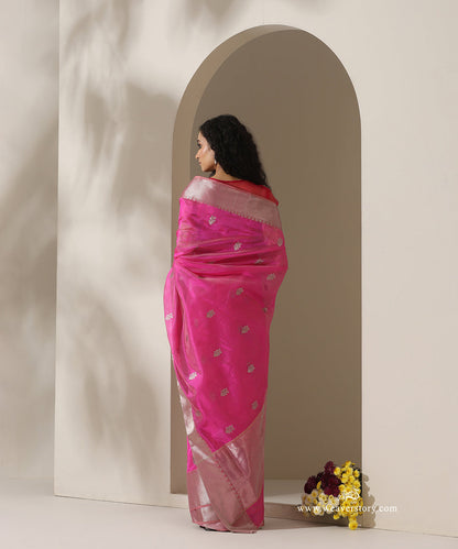 Pink_Handloom_Pure_Silk_Chanderi_Eknaliyasaree_With_Green_Meena_Flower_Boota_And_Silver_Zari_Big_Border_WeaverStory_03