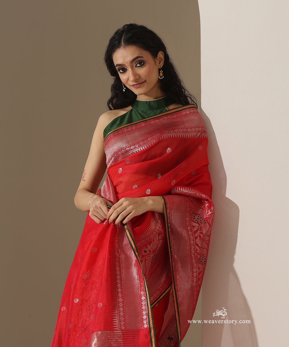 Red_Handloom_Pure_Silk_Chanderi_Eknaliya_Saree_With_Small_Booti_Pecock_Border_And_Green_Selvedge_WeaverStory_02