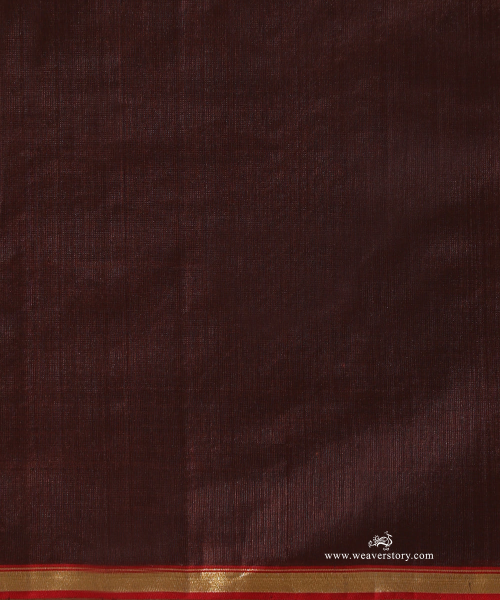 Brown_Handloom_Pure_Silk_Chanderi_Eknaliya_Saree_With_Small_Booti_And_Pecock_Border_Red_Selvedge_WeaverStory_05