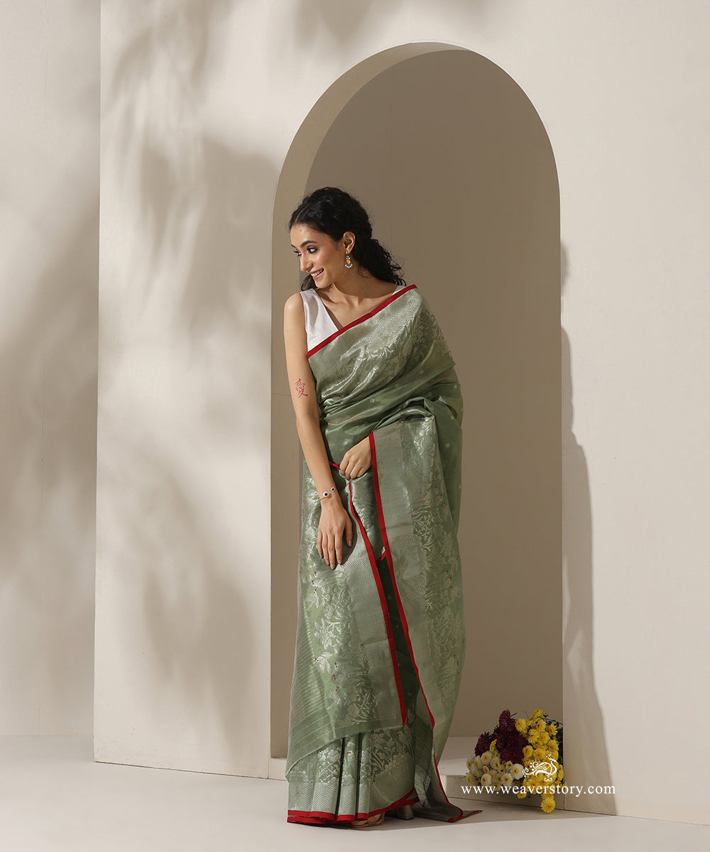 Olive_Handloom_Pure_Silk_Chanderi_Eknaliya_Saree_With_Red_Meena_Small_Booti_And_Shikargah_Border_Red_Selvedge_WeaverStory_01