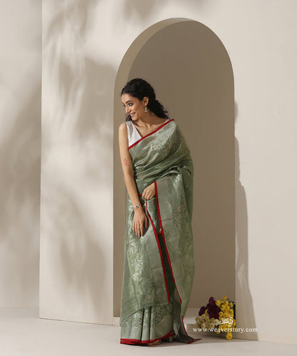 Olive_Handloom_Pure_Silk_Chanderi_Eknaliya_Saree_With_Red_Meena_Small_Booti_And_Shikargah_Border_Red_Selvedge_WeaverStory_01