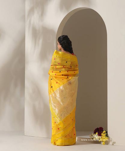 Yellow_Handloom_Pure_Silk_Chanderi_Eknaliya_Saree_With_Multicoloured_Meena_Booti_WeaverStory_03