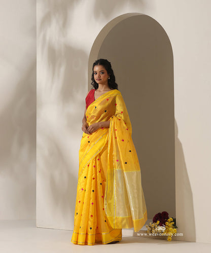 Yellow_Handloom_Pure_Silk_Chanderi_Eknaliya_Saree_With_Multicoloured_Meena_Booti_WeaverStory_01