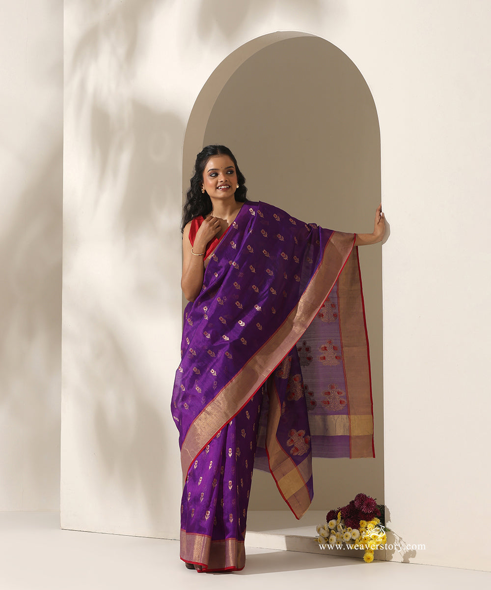 Red_Handloom_Pure_Silk_Chanderi_Eknaliya_Saree_With_Multi_Meena_Booti_WeaverStory_01