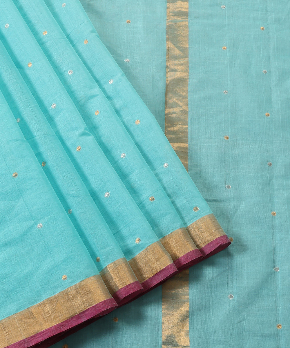 Aqua_Green_Handloom_Pure_Cotton_Venkatagiri_Small_Booti_Saree_With_Gold_Border_And_Pink_Selvedge_WeaverStory_04