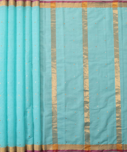 Aqua_Green_Handloom_Pure_Cotton_Venkatagiri_Small_Booti_Saree_With_Gold_Border_And_Pink_Selvedge_WeaverStory_02