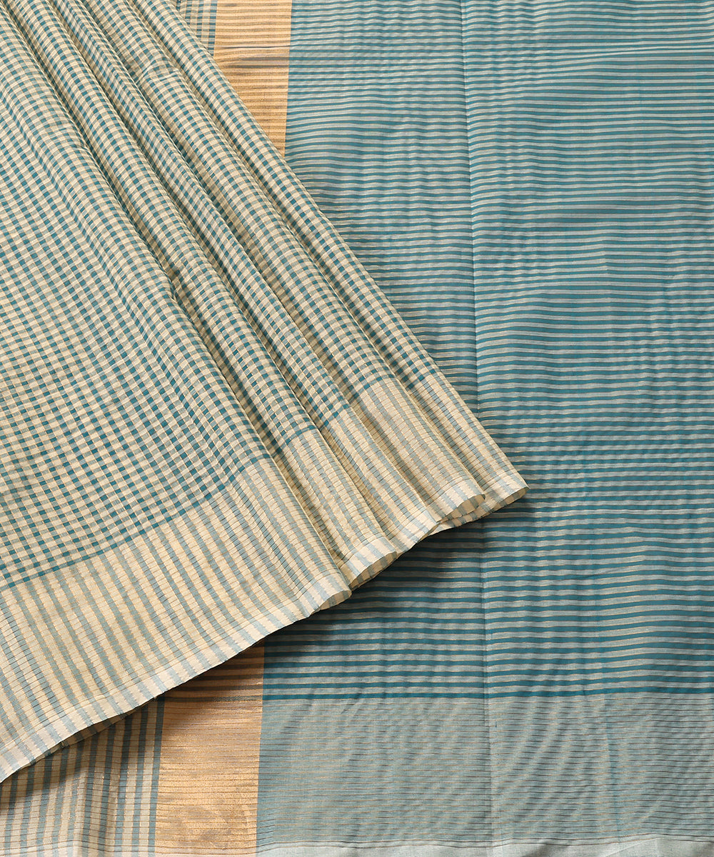 Beige_And_Teal_Handloom_Pure_Cotton_Venkatagiri_Zari_Small_Checkered_Saree_WeaverStory_01