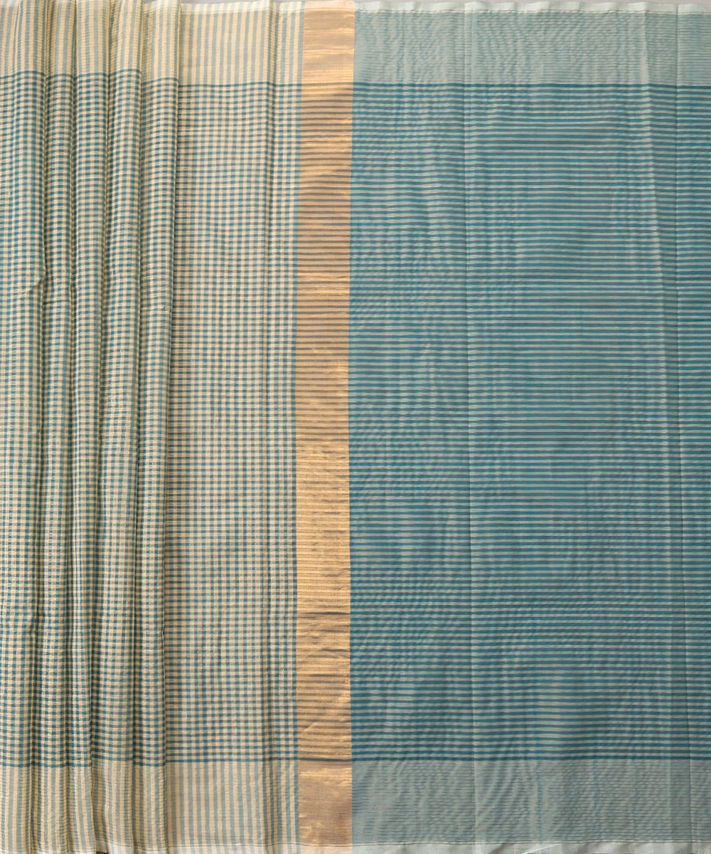 Beige_And_Teal_Handloom_Pure_Cotton_Venkatagiri_Zari_Small_Checkered_Saree_WeaverStory_02