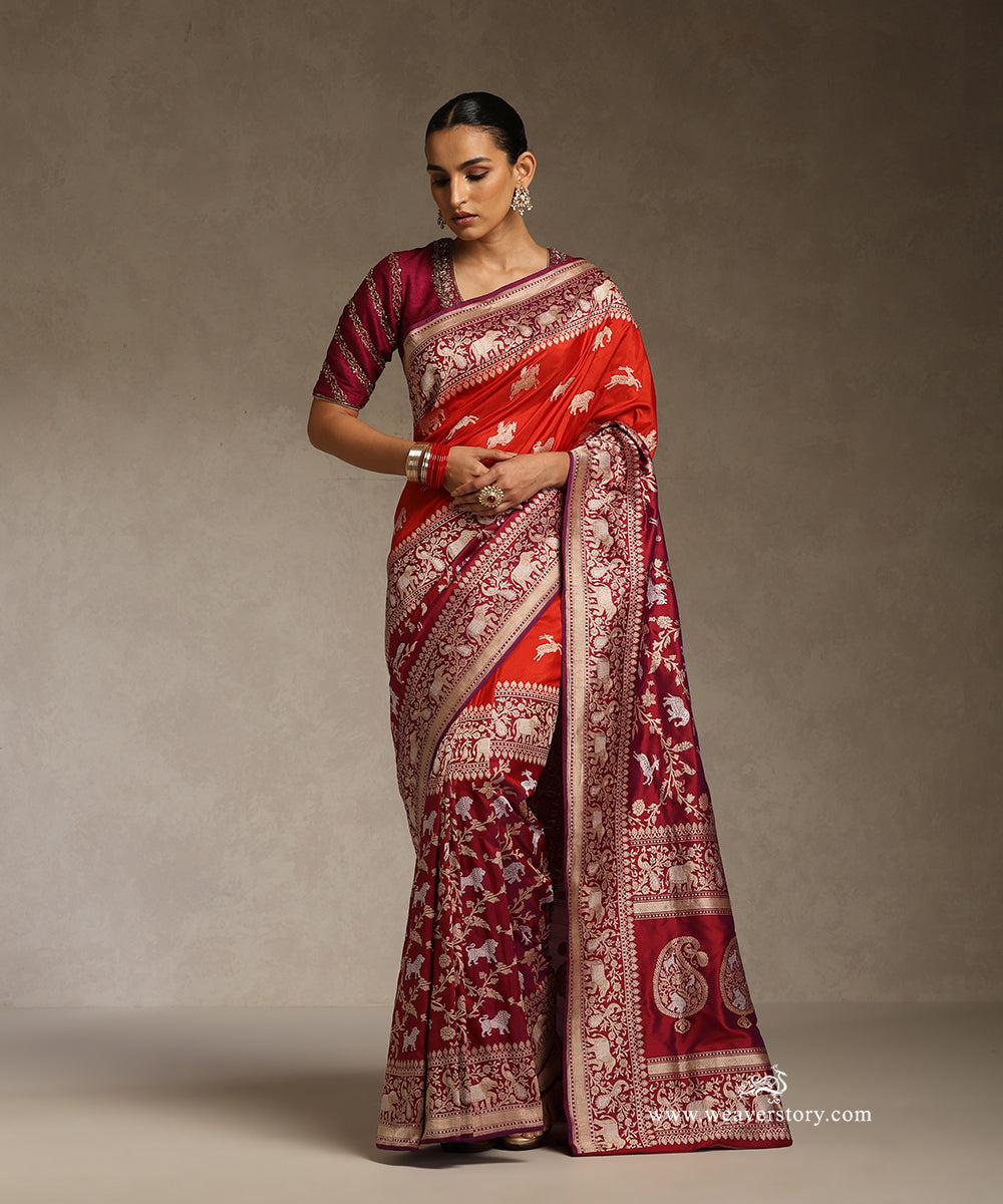 Wine_And_Red_Handloom_Pure_Katan_Silk_Saree_Shikargah_Kadhwa_Jangla_Banarasi_Saree_WeaverStory_01