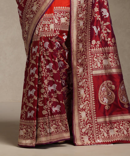 Wine_And_Red_Handloom_Pure_Katan_Silk_Saree_Shikargah_Kadhwa_Jangla_Banarasi_Saree_WeaverStory_04