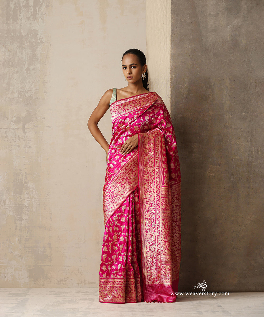 Mrigakshi — Pink Handloom Real Zari Kadhwa Banarasi Shikargah Saree in Pure Katan Silk