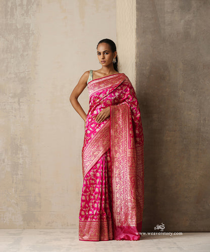 Mrigakshi — Pink Handloom Real Zari Kadhwa Banarasi Shikargah Saree in Pure Katan Silk