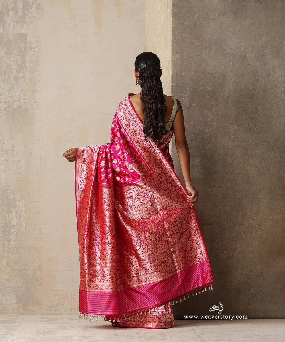 Mrigakshi — Pink Handloom Real Zari Kadhwa Banarasi Shikargah Saree in Pure Katan Silk