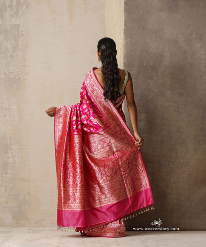 Mrigakshi — Pink Handloom Real Zari Kadhwa Banarasi Shikargah Saree in Pure Katan Silk