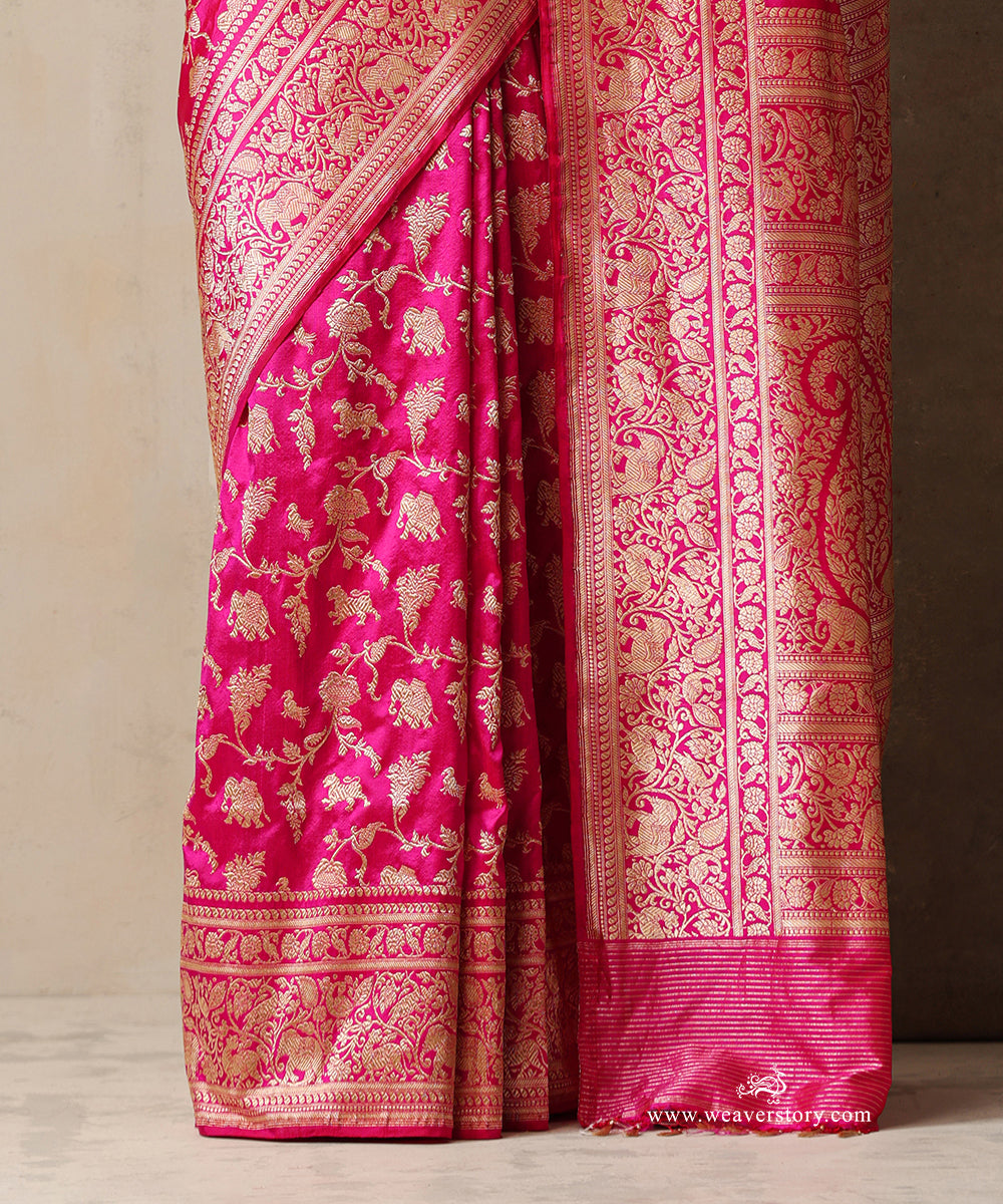 Mrigakshi — Pink Handloom Real Zari Kadhwa Banarasi Shikargah Saree in Pure Katan Silk