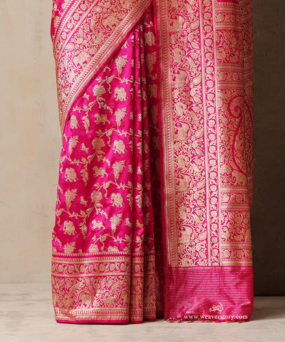 Mrigakshi — Pink Handloom Real Zari Kadhwa Banarasi Shikargah Saree in Pure Katan Silk