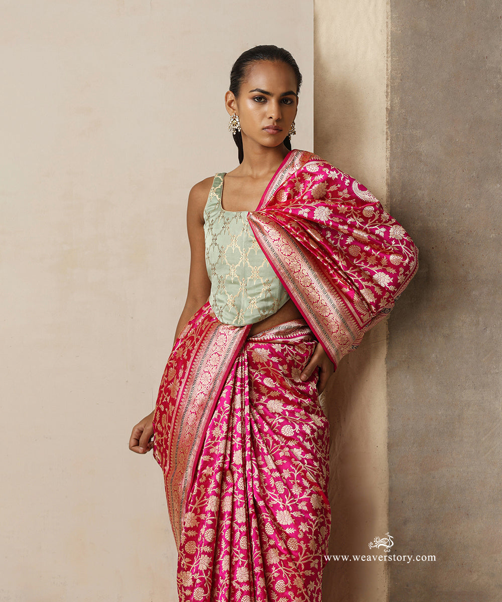 Vaidarbhi — Pink Handloom Real Zari Kadhwa Banarasi Jangla Saree in Pure Katan Silk