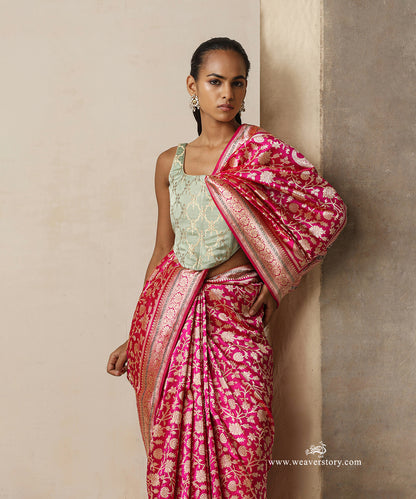 Vaidarbhi — Pink Handloom Real Zari Kadhwa Banarasi Jangla Saree in Pure Katan Silk