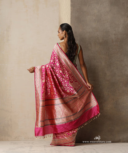 Vaidarbhi — Pink Handloom Real Zari Kadhwa Banarasi Jangla Saree in Pure Katan Silk