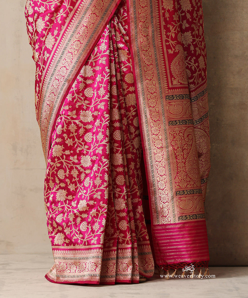 Vaidarbhi — Pink Handloom Real Zari Kadhwa Banarasi Jangla Saree in Pure Katan Silk