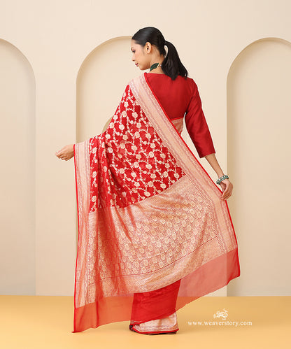 Red_Handloom_Pure_Georgette_Saree_With_Allover_Floral_Jaal_WeaverStory_03